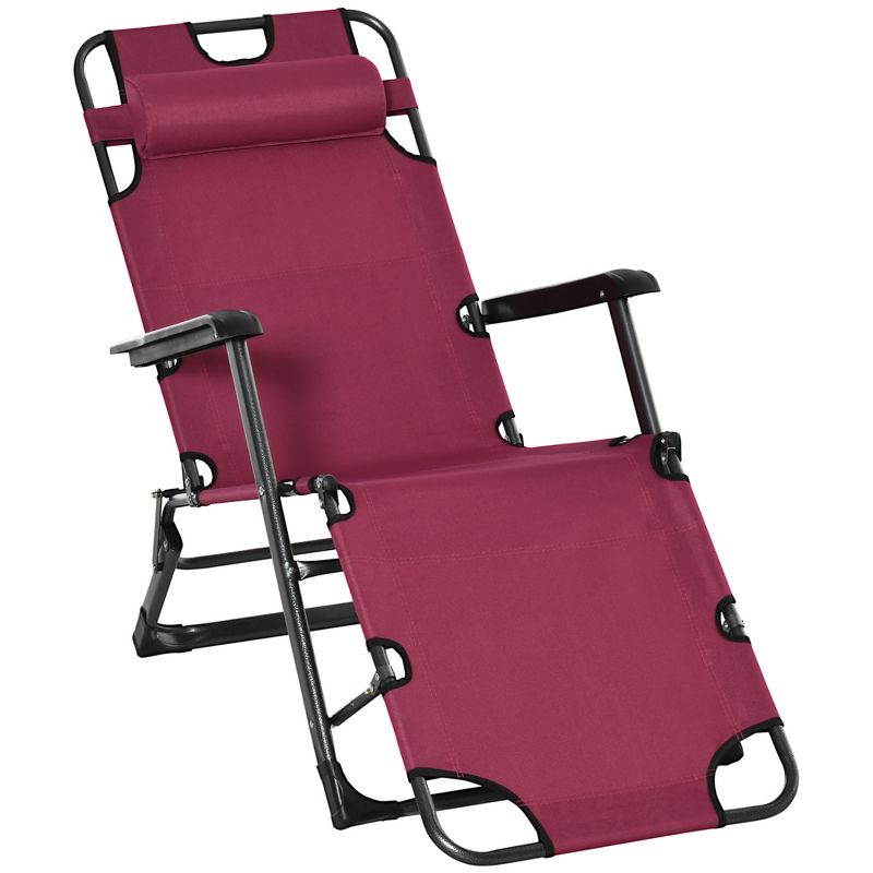 Outsunny 2-in-1 Folding Patio Lounge Chair w/ Pillow, Outdoor Portable Sun Lounger Reclining to 120°/180°, Oxford Fabric, 1 of 7