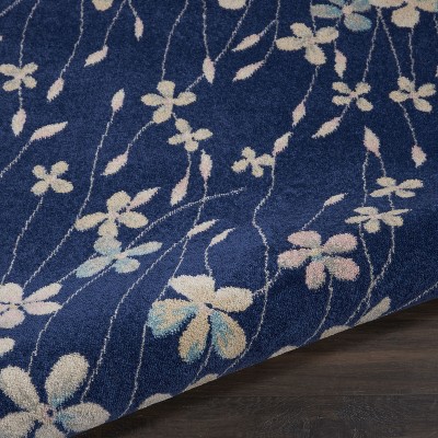 Handmade Navy Floral Viscose Round Area Rug, 63" Diameter