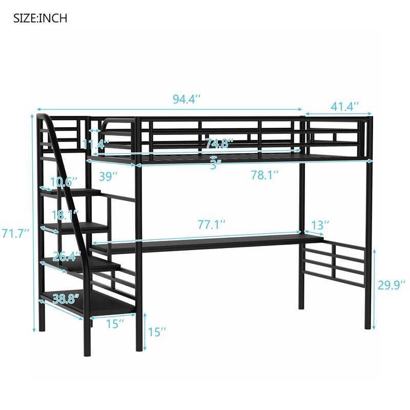 Metal Twin Size Loft Bed with Desk, Black - ModernLuxe, 3 of 12