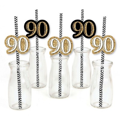 Big Dot of Happiness Adult 90th Birthday - Gold - Paper Straw Decor - Birthday Party Striped Decorative Straws - Set of 24