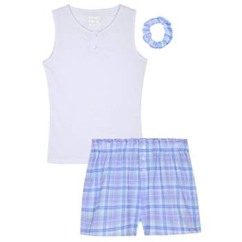 Sleep On It Girls 2-Piece Ribbed-Knit Tank with Boxer Shorts Pajama Set with Hair Scrunchie