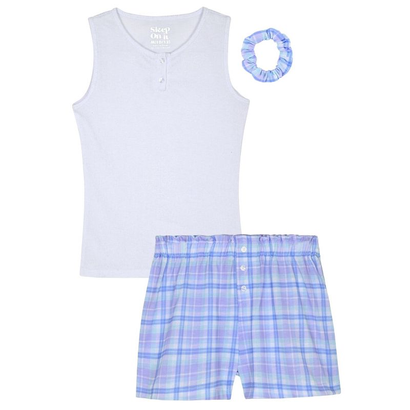 Sleep On It Girls 2-Piece Ribbed-Knit Tank with Boxer Shorts Pajama Set with Hair Scrunchie, 1 of 5