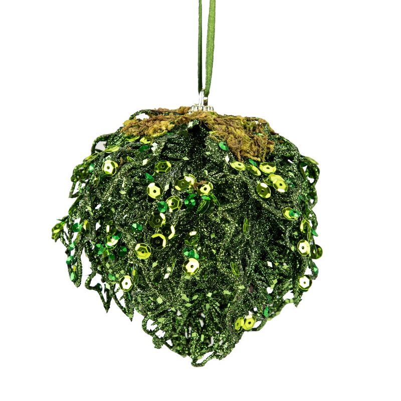 Northlight 4" Green Glitter and Sequin Leaf Shatterproof Christmas Ball Ornament, 1 of 5