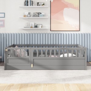 CAVINAS Twin Size Wood Montessori Bed,Modern Integral Constructed Floor Bed with Super High Security Barrier and Door,Toddler Bed for Bedroom - 1 of 4