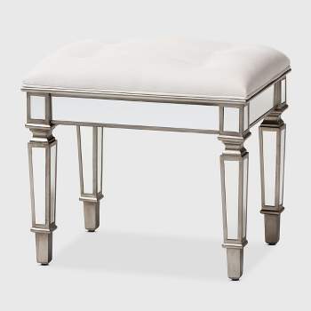 Marielle Fabric Upholstered Mirrored Ottoman Vanity Bench White - BaxtonStudio