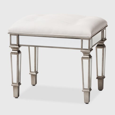 Marielle Fabric Upholstered Mirrored, White Vanity Bench
