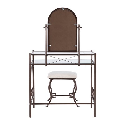 Clarisse 37.8" Traditional Beige and Brown Metal & Glass Vanity Set with Stool