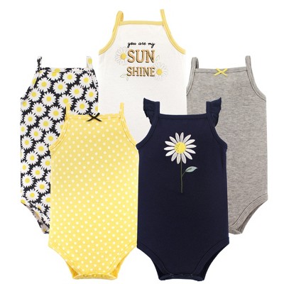 Image of Hudson Baby Infant Girl Cotton Sleeveless Bodysuits 5pk, Daisy, 3-6 Months