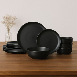 SEVOBAL 12-Piece Stoneware Dinnerware Set Microwave Dishwasher Friendly Stackable Matte Glaze Plates Bowls Service for 4, Black, 10"*10"*2.4" - 1 of 4