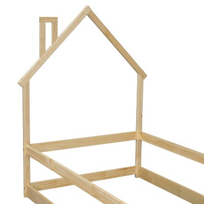 DOMETOUR Twin Size Wood bed with House-shaped Headboard Floor bed with Fences,Natural