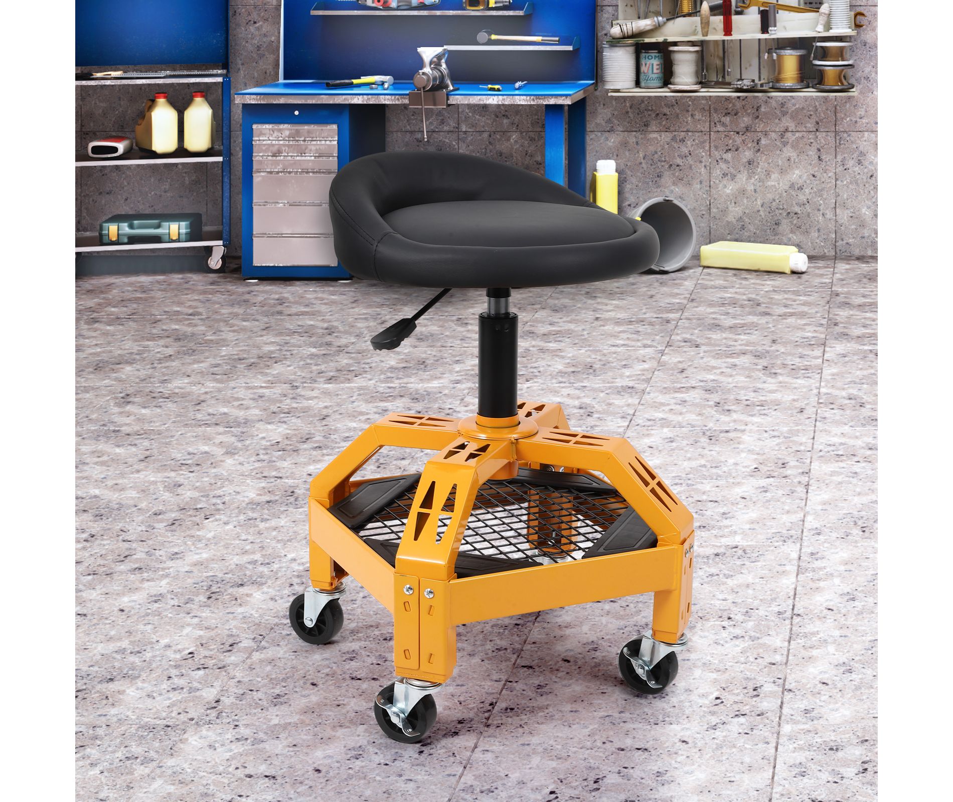 Rolling Garage Stool, Adjustable Height, 300LBS Capacity, 360° Swivel Wheels, Convenient Storage Shelf