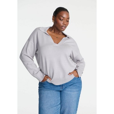 ELOQUII Elements Women's Plus Size V-Neck Collared Sweater