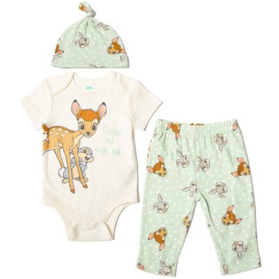 Image of Disney Bambi Thumper Newborn Baby Boys 3 Piece Outfit Set: Cuddly Bodysuit Pants Hat green / White 6-9 Months