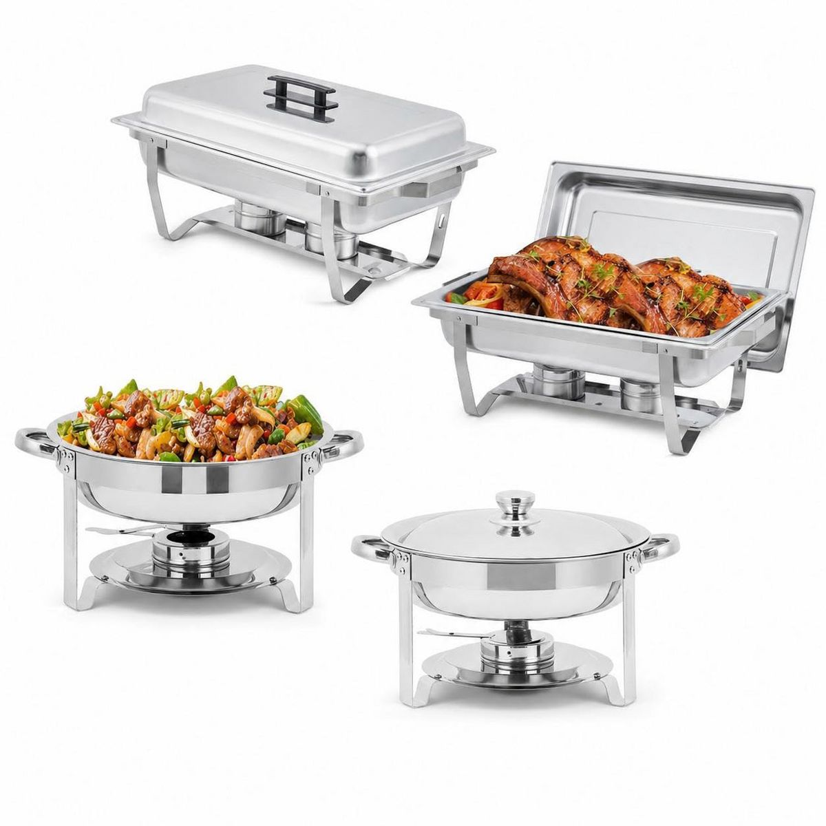 4-Pack Chafing Dish Set: Rectangular 8QT & Round 5QT Stainless Steel Buffet Food Warmers with Lids, Frames & Fuel Holders for Catering and Events