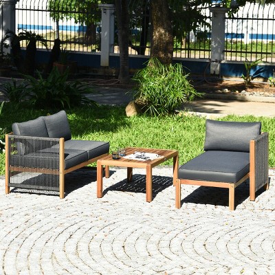 Tangkula 3PCS Patio Acacia Wood Sofa Furniture Set Thick Cushion W/ Nylon Rope Armrest Gray/White