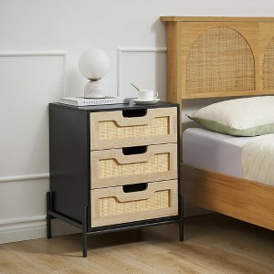 Farmhouse Rattan Nightstand with 3 Drawers, Metal Handle End Table for Bedroom or Living Room, Black Bedside Table for Small Spaces - 1 of 4