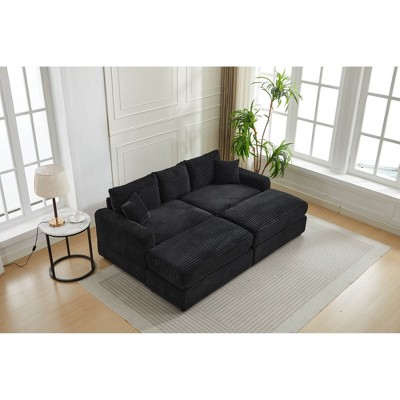 Oversize 82" Corduroy Upholstery Sectional Sofa Bed with 2 Pillows and 2 Movable Ottoman