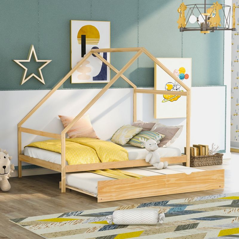 Full/Twin Size Wooden House Bed (with a Twin Size Trundle Bed), White/Gray/Natural, 4A -ModernLuxe, 1 of 13
