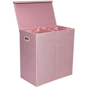 BirdRock Home Double Linen Laundry Hamper with Lid and Removable Liner - Pink - 1 of 4