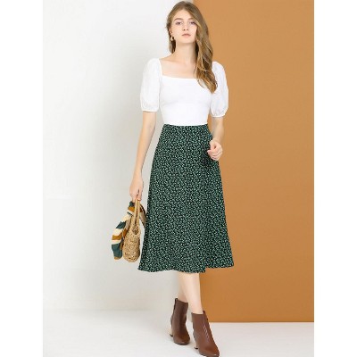 Green Floral Chiffon Midi Skirt with Elastic Waist