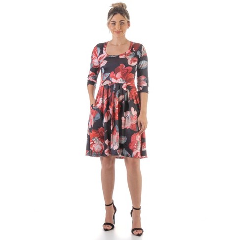 24seven Comfort Apparel Red Floral Three Quarter Sleeve Pleated Dress ...