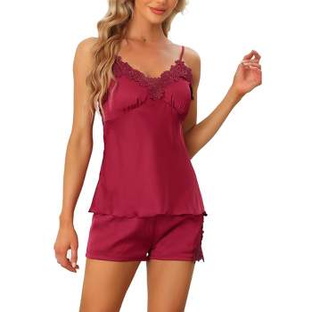 Cheibear Womens Satin Lounge Lace Trim Cami Tops With Shorts