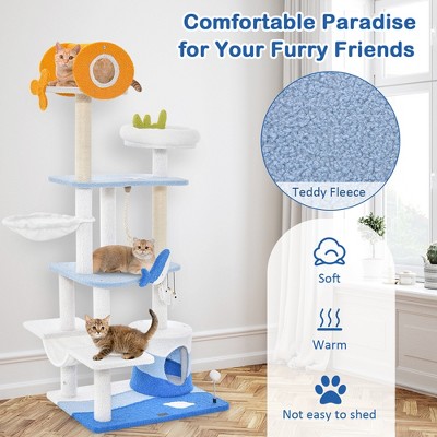 Ocean-Themed Multi-Level Blue and White Cat Tree Tower with Sisal Posts