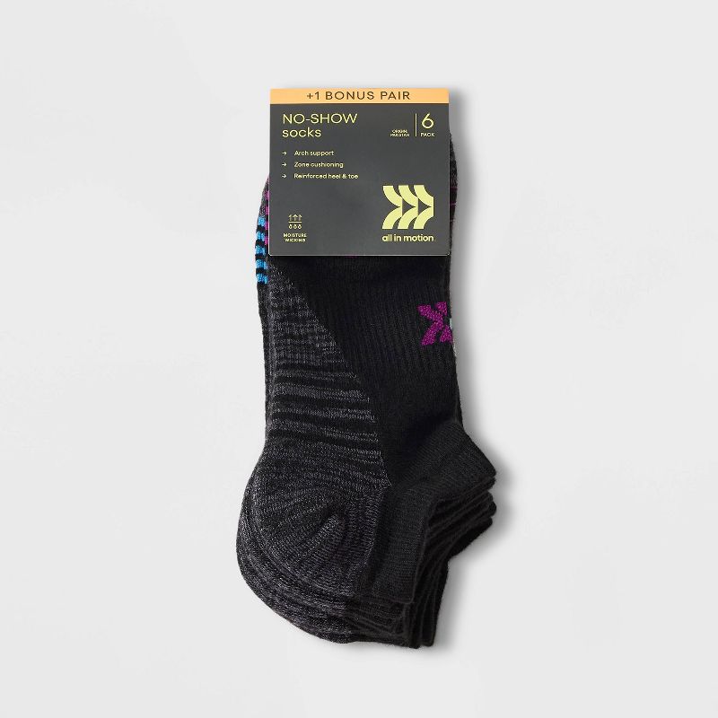 Women's 6+1 Bonus Pack Cushioned Performance Striped No Show Athletic Socks - All In Motion™ 4-10, 3 of 5
