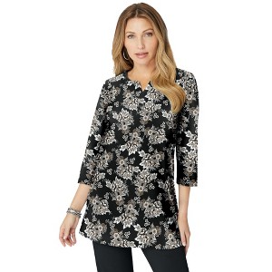 Roaman's Plus Size Three-Quarter Sleeve Notch Neck Soft Knit Tunic - 1 of 4