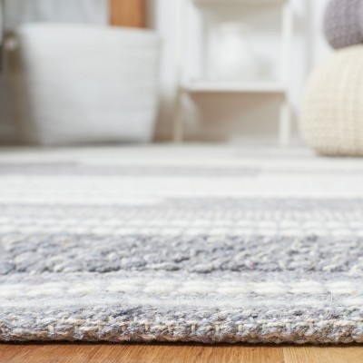 Gray and White Striped Kilim Wool-Cotton Square Rug