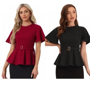 INSPIRE CHIC Women's Round Neck Flutter Sleeve Belted Waist Office Peplum Blouse 2 Packs - 1 of 4