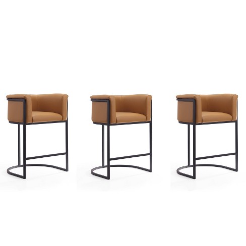 Set of 3 Cosmopolitan Upholstered Metal Counter Height Barstools Camel Manhattan Comfort