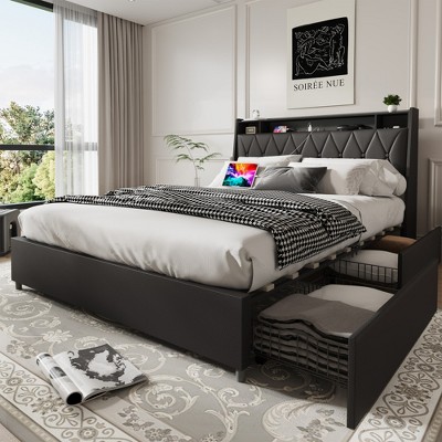 ALEXOUN Platform Metal Bed Frame with Upholstered Headboard & Storage Drawers,Noise-Free,No Box Spring Needed(Bed Frame Only),