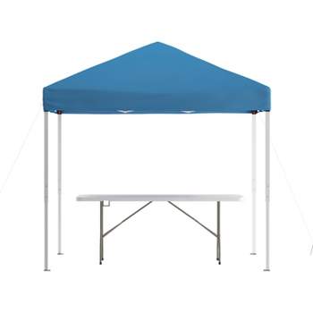 Flash Furniture 8'x8' Blue Pop Up Event Canopy Tent with Carry Bag and 6-Foot Bi-Fold Folding Table with Carrying Handle - Tailgate Tent Set