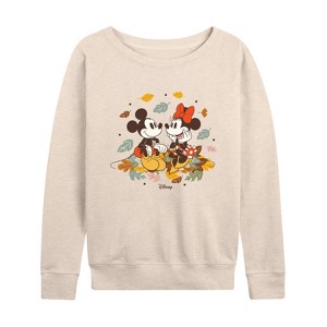 Women's - Disney - Mickey Minnie Leaf Pile Lightweight French Terry Wide Neck Long Sleeve Shirt - 1 of 4