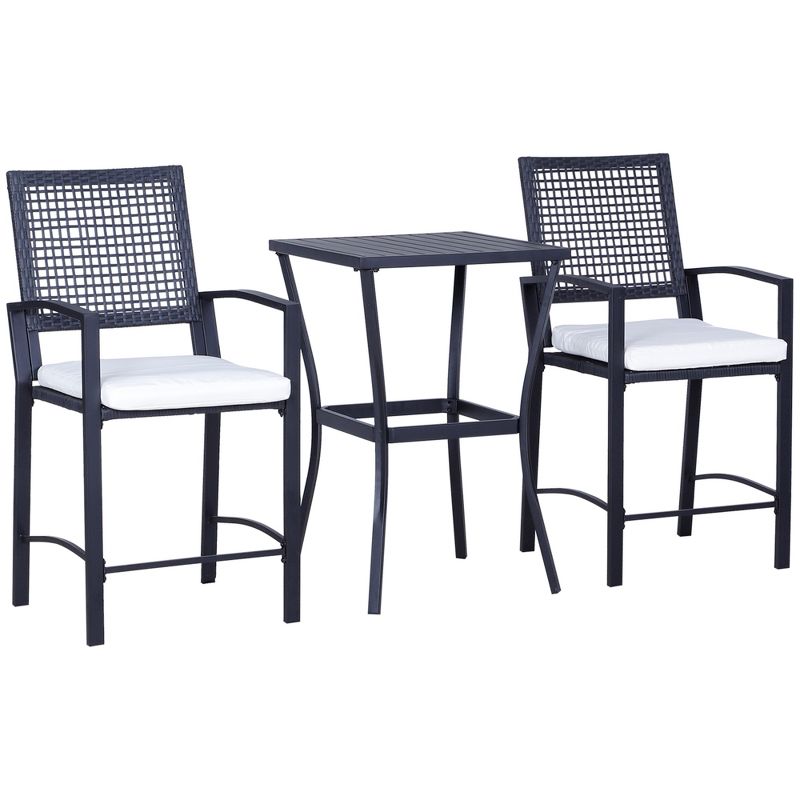 Outsunny 3PCS Patio Bar Set with Soft Cushion, Rattan Wicker Outdoor Furniture Set for Backyards, Lawn, Deck, Poolside, 1 of 10