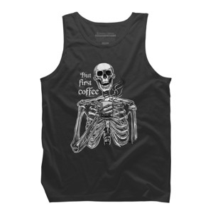 Men's Design By Humans Halloween skeleton drinking coffee. But first coffee By melazergDesign Tank Top - 1 of 2