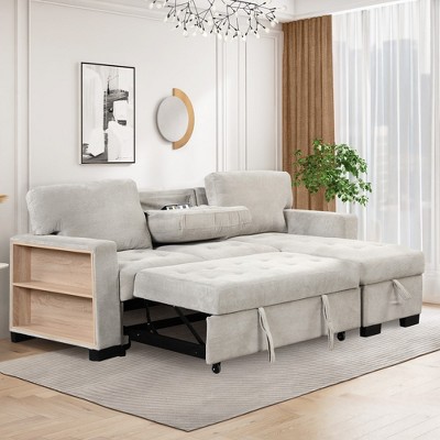 KTMBDW L-Shaped Pull Out Sleep Sofabed Modern Reversible Sleeper Sectional Sofa with Storage Chaise Drop-Down Table and Charging Ports USB & Type-C