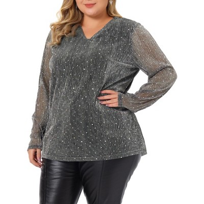 Agnes Orinda Women's Plus Size Sequin Sparkly One Shoulder Short Sleeve  Party Blouses Silver 1X