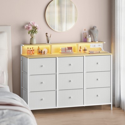 SONGMICS Dresser for Bedroom, Storage Organizer with 9 Fabric Drawers and LED Lights, Charging Station, Steel Frame, 13.2 x 44.9 x 33 Inches