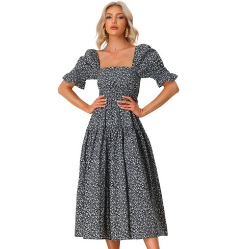 Allegra K Women's Boho Smocked Dress - Round Neck Short Puff Sleeve Tiered Midi Dress
