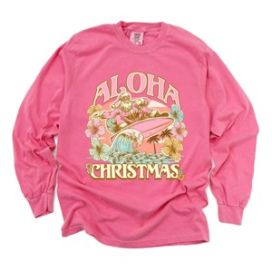 Aloha Christmas Surfing Santa - Women's Garment Dyed Long Sleeve Graphic T-Shirt - 1 of 4