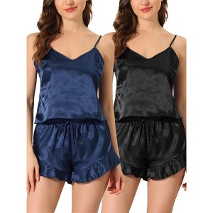 cheibear Women's 2 Packs Satin Spaghetti Cami Tops Shorts Sleepwear Lounge Sets - 1 of 3