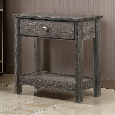 Gray Wooden Nightstand with Drawer and Open Shelf