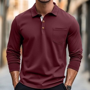 Mens Fall Casual Long Sleeve Polo Shirts Summer Button Collar Fashion Classic Top Blouse With Pocket - 1 of 4