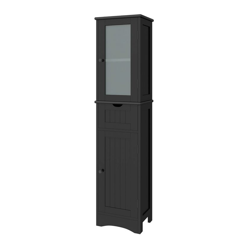 Costway Bathroom Tall Cabinet Freestanding Linen Tower with Doors & Drawer Black/Grey/White, 1 of 11