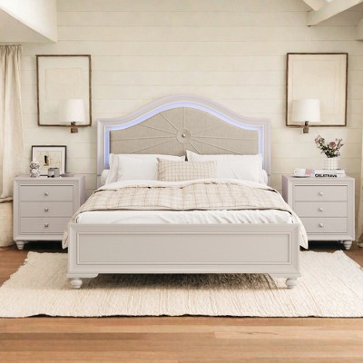 Queen Size Wood Bed with Hidden LED Light and Upholstered Curved Headboard