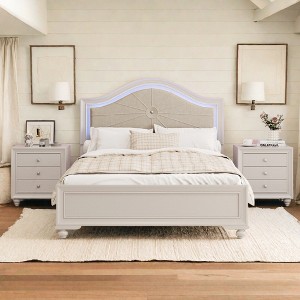 Queen Size Wood Bed with Hidden LED Light and Upholstered Curved Headboard - 1 of 4