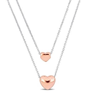 EVERLY JEWELRY | Silver Two Heart Double Strand Charm Necklace, 18" & 16" inch - Multiple Metal Color Options - 1 of 4