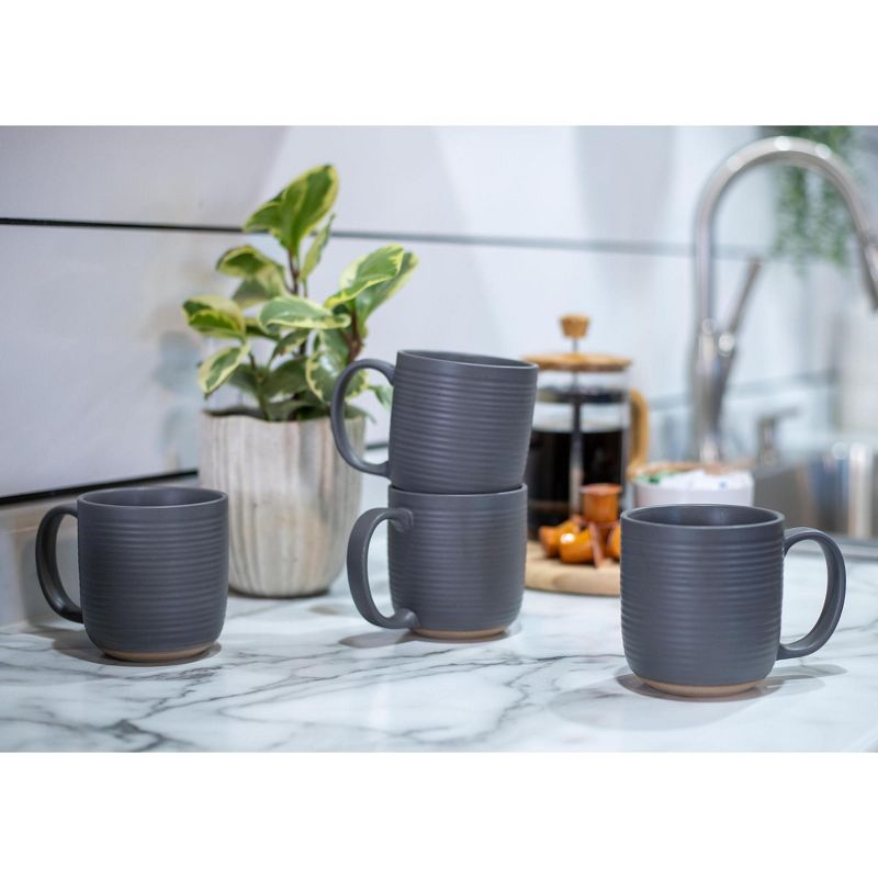 Elanze Designs Ribbed Ceramic Stoneware 16 ounce Raw Clay Bottom Coffee Mugs Set of 4, Grey, 5 of 6